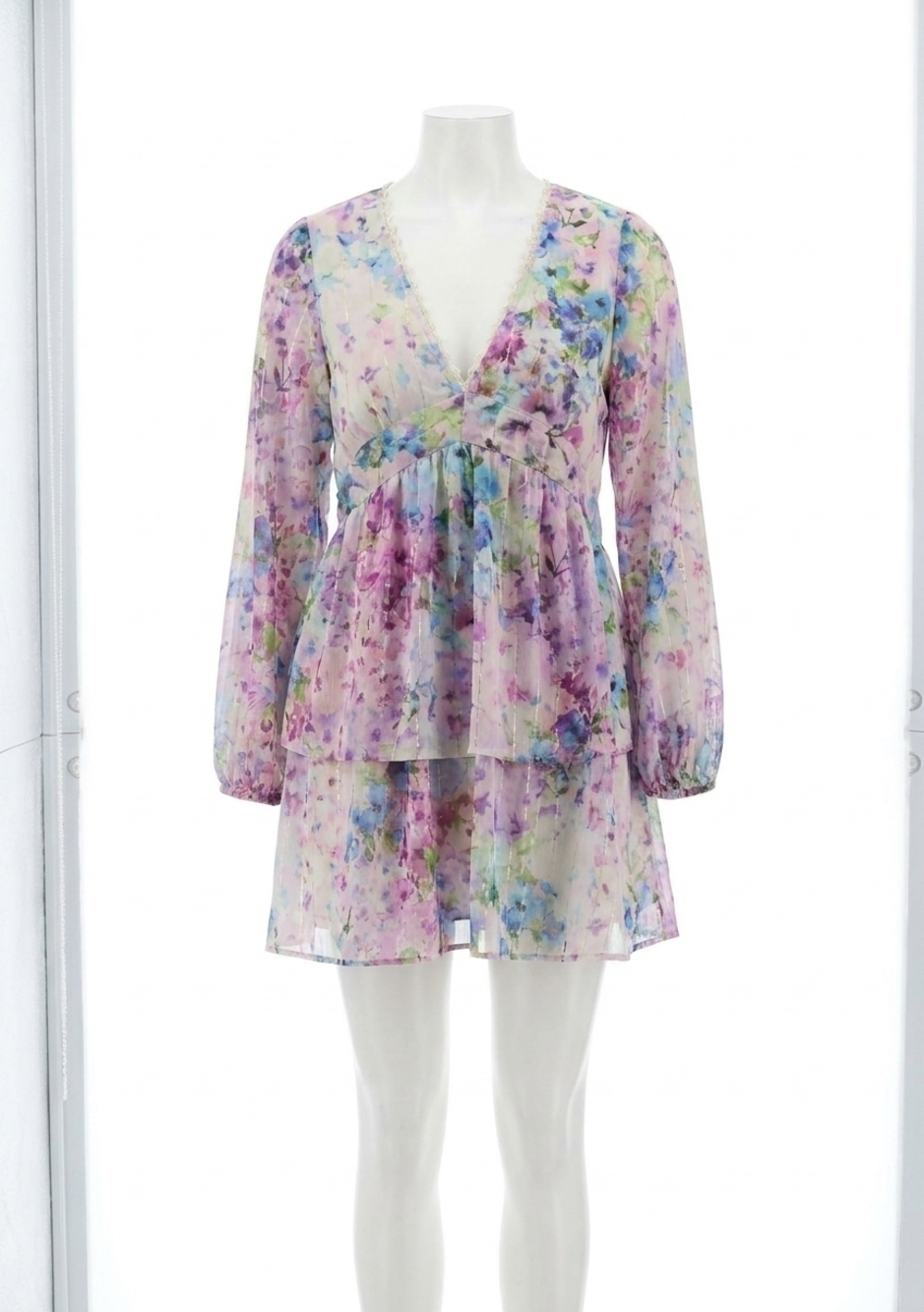 NEW LOVESTITCH watercolor flower v-neck tiered mini dress in light pink purple